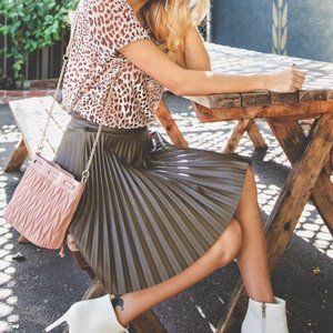 Dark Olive Pleated Faux Leather Skirt
